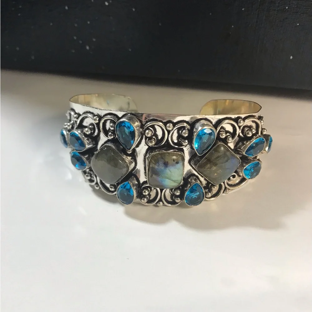 Labradorite Blue Topaz Stamped 925 Sterling Silver Cuff Bracelet